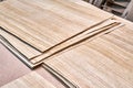 Oak veneer. Oak texture. Spliced oak veneer on the table in the workshop