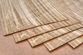 Oak veneer. Oak texture. Spliced oak veneer on the table in the workshop Royalty Free Stock Photo