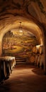 Italianate Flair: Whimsical Ambiance With Wooden Barrels And Monumental Murals