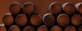 Oak wood barrel background, wine beer casks stacked in a dark cellar. 3d render