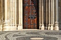 oak wood church main door or gate of the Matthias church in Budapest. carved stone columns Royalty Free Stock Photo
