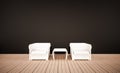 Oak wood floor and black wall, with white armchairs, 3d rendered