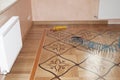 Oak wood parquet batten installation. Close up on wooden batten installation and repair on oak wood parquet Royalty Free Stock Photo