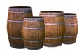 Oak wooden barrel metal rings silver group of vessels holding wine whiskey on white background winemaking design