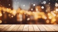 Oak wooden table, empty for mockup, on defocused background with warm and cozy decorated Christmas street