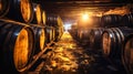 oak wooden wine barrels in an old, dark wine cellar. foreground. Cognac store basement wooden brandy, beer. Wine Vault. a row of