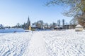 OAKHAM, RUTLAND, ENGLAND- 25 JANUARY 2021: Cutts Close park on a snowy day