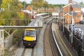 Oakham, United Kingdom. October 19, 2019 - close up view of yellow trin ,rail way station in Oakham, Rutland
