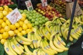 Oakham, United Kingdom. October 19, 2019 - outdoor market, fruit stall with citrus, bananas