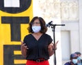 Nikki Fortunato Bas speaking at the DEFEND THE VOTE rally in Oakland, CA