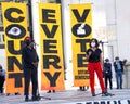 Nikki Fortunato Bas and Jovanka Beckles speaking at the DEFEND THE VOTE rally in Oakland, CA