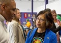 Oakland Council President Nikki Fortunato Bas speaking with community members at the Talking Transitions Community Event