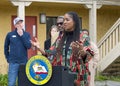 Oakland Coucilmember Carroll Fife speaking at a Press Conf about the Home Key Housing Program Royalty Free Stock Photo