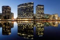 Oakland skyline panoramic view with Lake Merritt Reflections at blue hours. Royalty Free Stock Photo