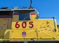 Oakridge, Oregon, USA - May 14,2023: The cab of Union Pacific locomotive 605 parked at the railyard