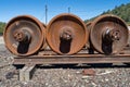 Oakridge, Oregon, USA - May 14, 2023: Rusty freight car wheelsets on the track at the railroad yard Royalty Free Stock Photo