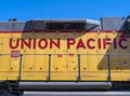 Oakridge, Oregon, USA - May 14, 2023: Union Pacific lettering on a locomotive parked at the railyard