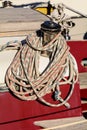 Oarlock and rope on a sailboat.