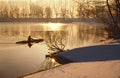 Oarsman on ice cold lake