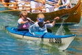 Oarsmen in the Venice Vogalonga regatta, Italy.