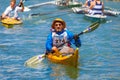 Oarsmen in the Venice Vogalonga regatta, Italy.