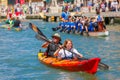 Oarsmen in the Venice Vogalonga regatta, Italy.