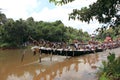 Oarsmen wearing traditional kerala dress participate in the Aranmula boat race