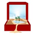 Oasis in desert - landscape background. Vector illustration with sand dunes, blue lake and palms. Royalty Free Stock Photo