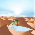 Oasis in desert - landscape background. Vector illustration with sand dunes, blue lake and palms. Royalty Free Stock Photo