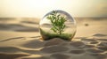 Oasis Encased: A Green Plant Captured in a Glass Sphere Amidst a Desert Landscape