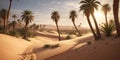 oasis in the heart of the desert, where palm trees provide shade and life amid endless sand dunes.