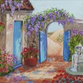 oasis oil painting.a blooming garden in the desert or sand among the dunes flowering plants, greenery fountains, residential