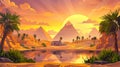 An oasis in the sand desert with ancient Egyptian pyramids, the Sphinx statue, green palm trees and bushes around a lake Royalty Free Stock Photo