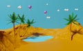 Oasis in sand and palm trees and lake with hot air balloon in landscape Composition ,3d illustration or 3d render Royalty Free Stock Photo