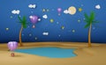 Oasis in sand and palm trees and lake with hot air balloon in night sky ,3d illustration or 3d render Royalty Free Stock Photo