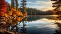 Romantic Sunset Reflections: Captivating Fall Foliage At A Serene Lake