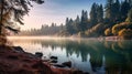 Emerald And Teal: Captivating Autumn Morning At An Empty Lake Royalty Free Stock Photo