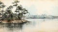 Oasis Sketch: Pine Trees In Watercolor On The Shore