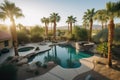 oasis with swimming pool and hot tub surrounded by palm trees and desert