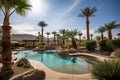 oasis with swimming pool and hot tub surrounded by palm trees and desert