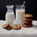 Oat-almond cookies. Milk in a glass with double walls with glass tube. Cutting board and white textile. One cookie is broken. View