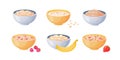Oat bowls. Cartoon porridge with strawberries and bananas, boiled cereals and healthy food. Vector flat oatmeal bowls