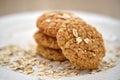 Oat cookies with oat flakes on a white plate. Healthy food for breakfast or a snack. Close up. Soft focus Royalty Free Stock Photo