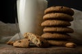 Oat cookies with pieces of chocolate, almond. Milk in a glass with double walls. Close-up, bottom view Royalty Free Stock Photo
