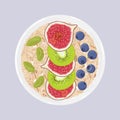 Oat flakes in a bowl with figs, kiwi, pistachios and blueberries, isolated. Top view. Vector hand drawn illustration.
