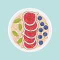Oat flakes in a bowl with figs, pistachios and blueberries, isolated. Top view. Vector hand drawn illustration.