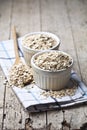 Oat flakes in ceramic bowls and wooden spoon, golden wheat ears on rustic wooden background Royalty Free Stock Photo