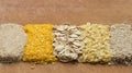 Oat flakes, corn flakes, millet flakes, and two types of oat bran