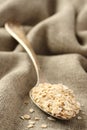 Oat flakes in metal spoon on sackcloth background Royalty Free Stock Photo