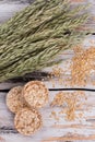 Oat flakes, spikelets and crunchy crispbread. Royalty Free Stock Photo